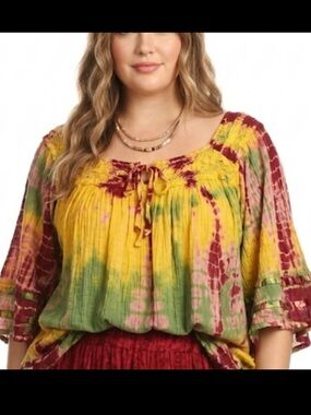 Bohemian Tie-Dye Off-Shoulder Peasant Top in Yellow, Green & Pink